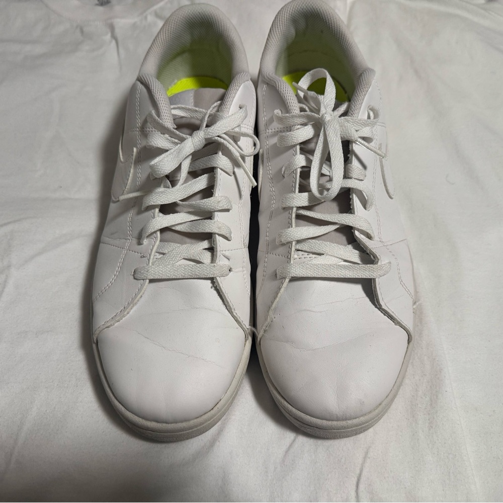 Nike White Low-Top Leather Sneakers with Neon Yellow Insole